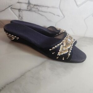 Navy Velvet Beaded Slide Sandals Low Wedge Gold White Floral‎ Heeled Mules